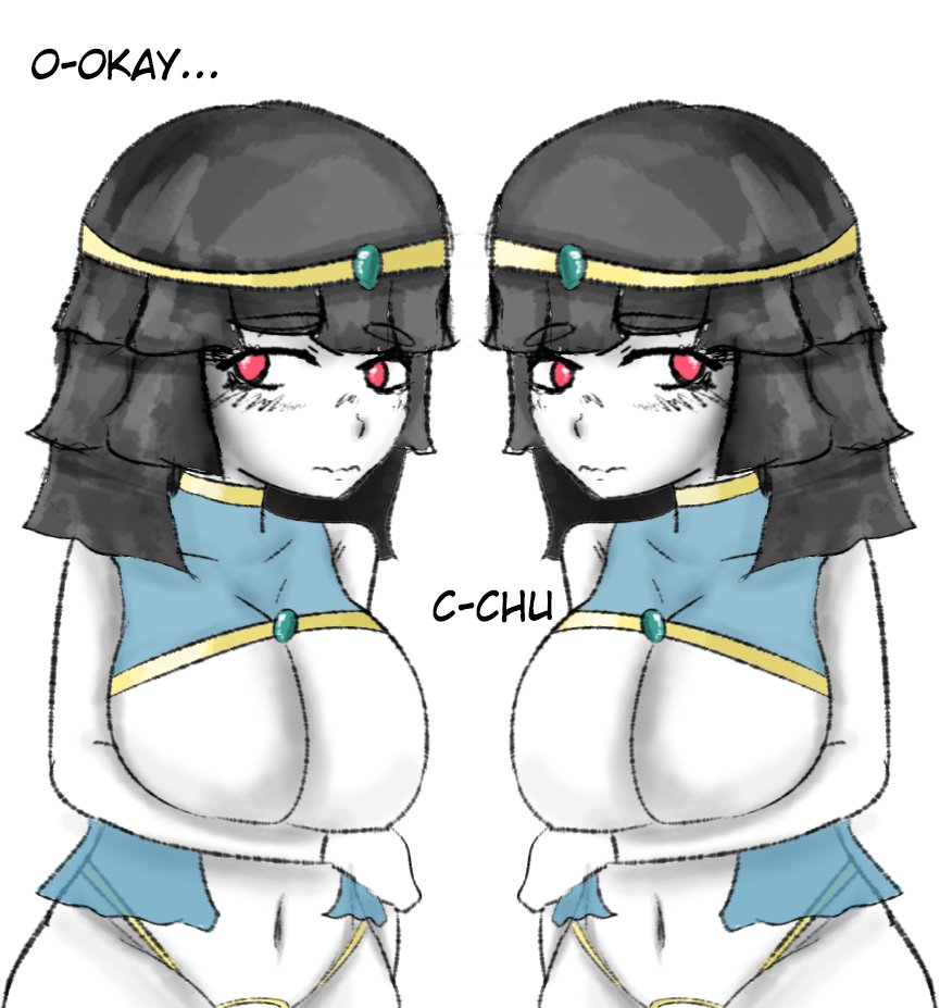 2girls big_breasts blush breast_hold breasts circlet egyptian_clothes looking_away multiple_girls navel risuna upper_body wavy_mouth