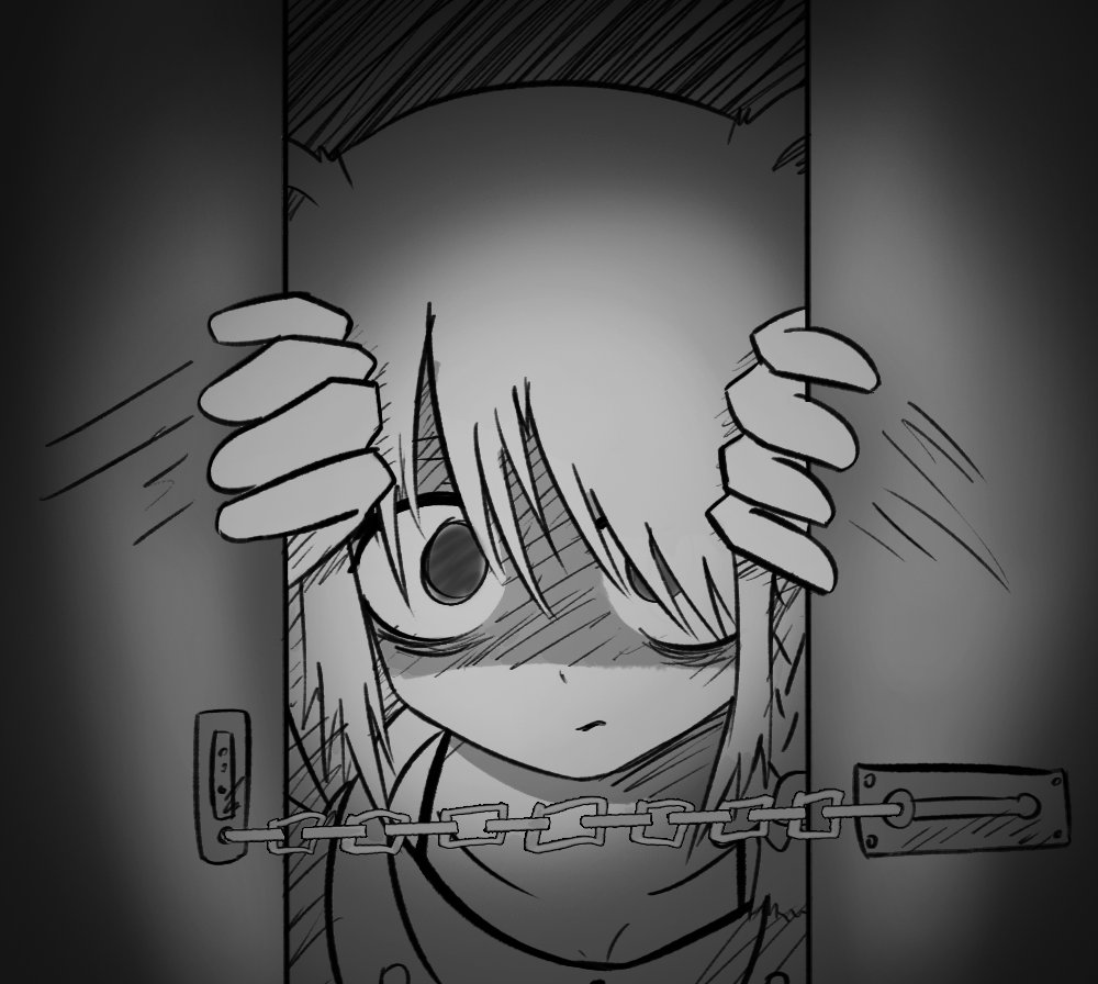 1girl bags_under_eyes beatani chain door face greyscale looking_at_viewer monochrome opening_door shaded_face