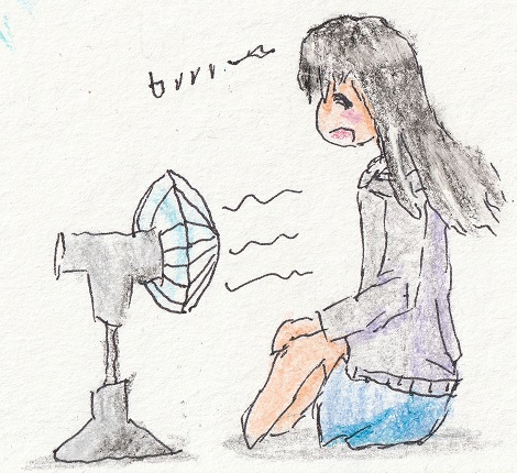 arm_on_knee closed electric_fan eyes facing_to_the_side listener open_mouth paper_(medium) risuna sitting smile