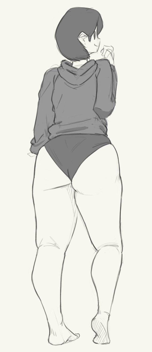 1boy ass from_behind full_body greyscale listener looking_to_the_side monochrome risuna risuna_oc thighs