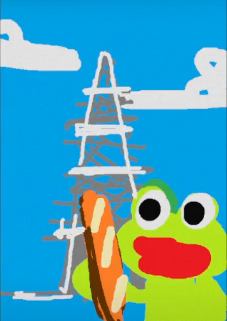 baguette beatani_(artist) cloud eiffel_tower food frog holding holding_food open_mouth passpartout pepe sky upper_body
