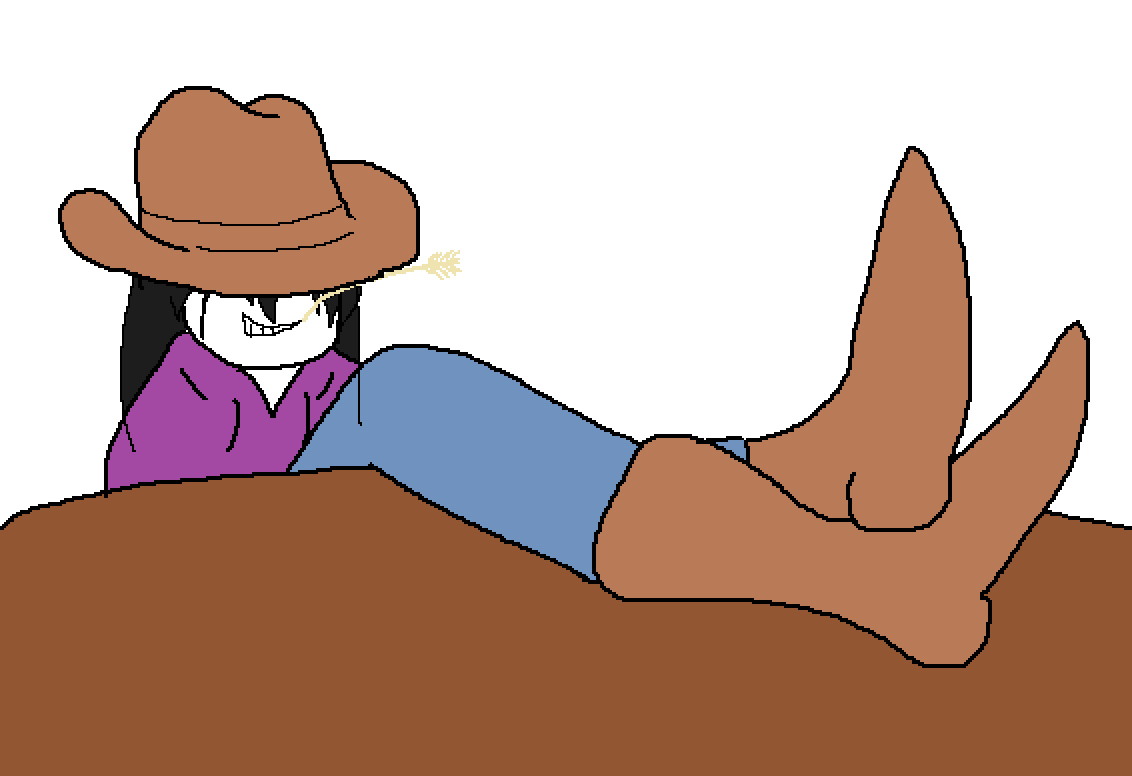 1girl boots covered_eyes cowboy cowboy_boots cowboy_hat crossed_legs hat listener risuna risuna_oc sitting smile table teeth white_background