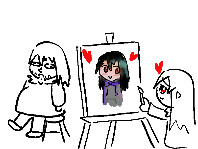 1boy 1girl blush heart holding holding_paintbrush listener looking_at_another looking_to_the_side paintbrush painting risuna sitting upper_body