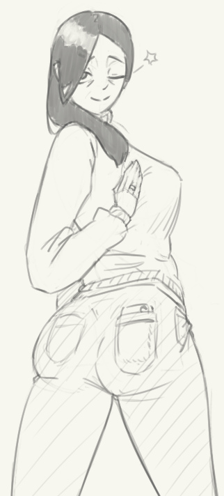 1girl ;) ass cowboy_shot denim from_behind greyscale hand_up jeans looking_at_viewer monochrome old old_woman one_eye_closed pants phone ring risuna risuna_oc smile standing star_(symbol) sweater twisted_torso wink