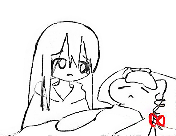 2girls :< a.i. beatani bed chibi closed_eyes ice_pack listener looking_at_another lying multiple_girls on_bed risuna sad sick under_covers upper_body