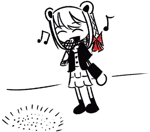 1girl ant beatani closed_eyes full_body hand_up holding holding_microphone insect microphone musical_note singing smile