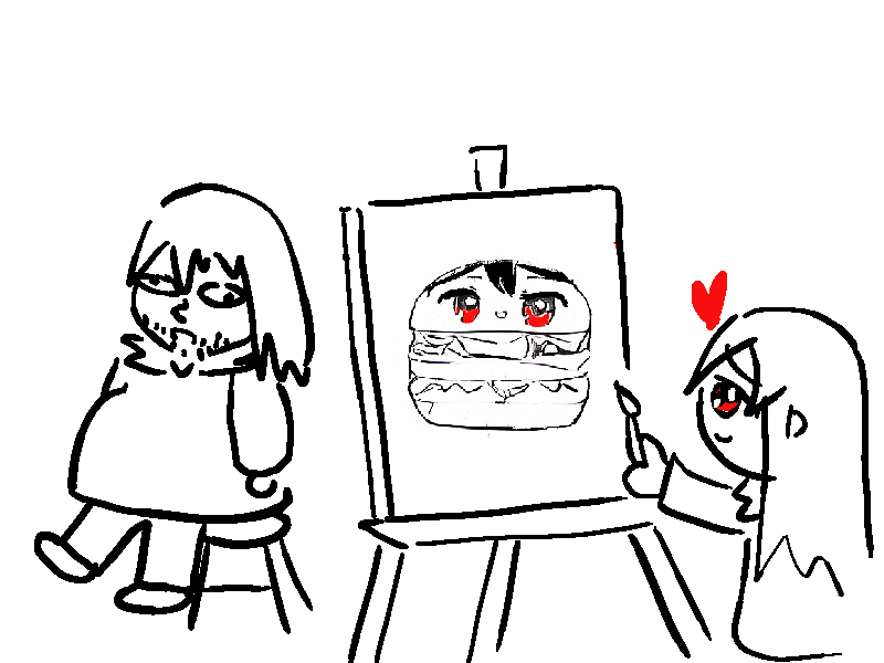 1boy 1girl :d blush burger food heart holding holding_paintbrush listener looking_at_another looking_to_the_side paintbrush painting risuna sitting smile upper_body