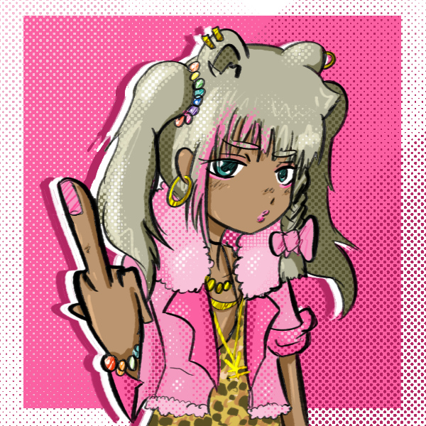 1girl animal_print beatani bow bracelet earrings eyeliner fur_trim fur_trimmed_jacket ganguro gold_necklace gyaru hoop_earrings jacket jewelry leopard_print looking_at_viewer makeup middle_finger necklace o3o open_clothes open_jacket pink_bow pink_jacket pink_lips twintails upper_body yen_sign