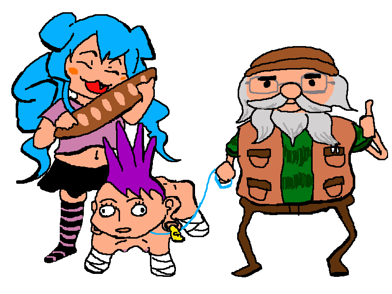 1boy 2girls :3 all_fours amputee baguette bandage beard bread closed_eyes ear_tag facial_hair food george glasses holding holding_food leash looking_at_viewer mohawk momo multiple_girls navel nude old old_man open_mouth passpartout pink_shirt punk punk_girl shirt smile t-shirt thumbs_up