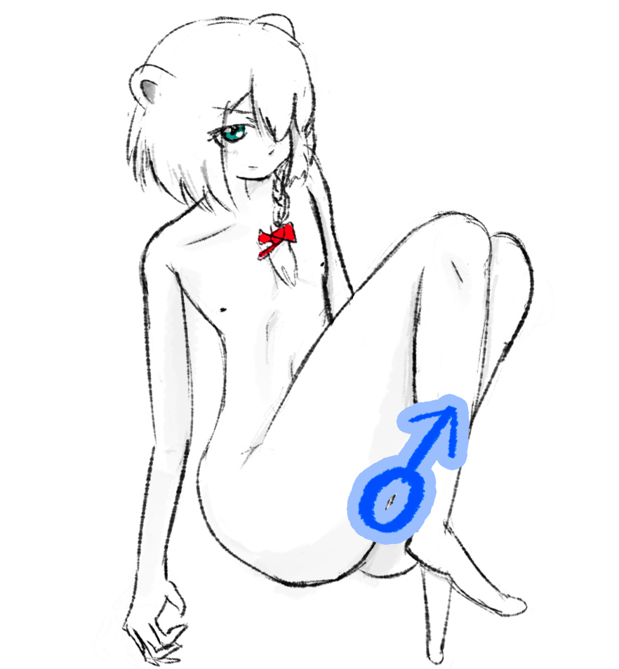 1boy beatani censored completely_nude full_body genderswap hair_over_one_eye knees_up looking_at_viewer nude one_eye_covered sitting ♂