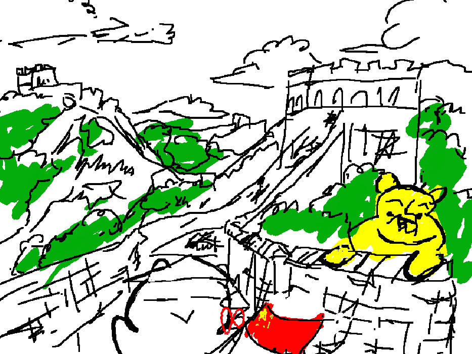 1girl :> beatani chibi china facing_viewer flag great_wall_of_china meme rice_hat winnie_the_pooh