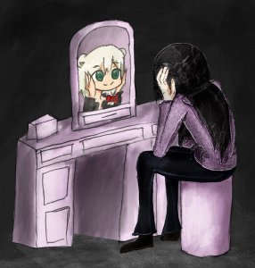 Rating: Safe / Score: 1 / Tags: 2girls beatani closed_mouth hand_up hands_on_own_cheeks hands_on_own_face listener looking_at_mirror mirror mirror_image risuna sitting smile vanity_table / User: bm