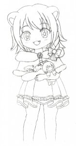 Rating: Safe / Score: 0 / Tags: 1girl babytani beatang blush feet_out_of_frame holding holding_stuffed_toy lineart looking_at_viewer momo open_mouth paper_(medium) risuna smile standing stuffed_toy / User: bm