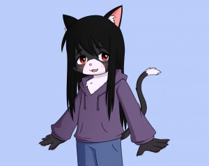 Rating: Safe / Score: 1 / Tags: 1girl a-pose blue_background blush cat catgirl chest_tuft cowboy_shot fangs furry inner_ear_tuft kemono looking_at_viewer open_mouth risuna simple_background standing tuft tuxedo_cat / User: bm