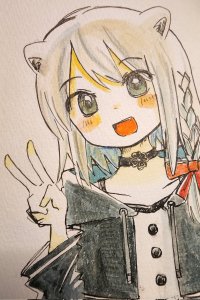 Rating: Safe / Score: 1 / Tags: :d beatani beatani_(artist) blush hand_up head_tilt looking_at_viewer open_mouth paper_(medium) peace_sign raised_eyebrows smile upper_body v watercolor_(medium) / User: bm