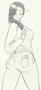 Rating: Safe / Score: 0 / Tags: 1girl ;) ass cowboy_shot denim from_behind greyscale hand_up jeans looking_at_viewer monochrome old old_woman one_eye_closed pants phone ring risuna risuna_oc smile standing star_(symbol) sweater twisted_torso wink / User: bm