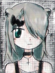 Rating: Safe / Score: 1 / Tags: 1girl beatani black_bow black_choker bow choker cross cross_neckalce ear_piercing expressionless fishnet fishnet_top gothic hair_bow hair_over_one_eye inverted_cross jewelry looking_at_viewer necklace one_eye_covered paper_(medium) piercing portrait spiked_choker spikes / User: bm