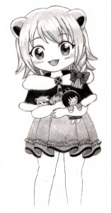 Rating: Safe / Score: 1 / Tags: 1girl babytani beatang blush feet_out_of_frame greyscale holding holding_stuffed_toy looking_at_viewer momo monochrome open_mouth paper_(medium) risuna smile standing stuffed_toy / User: bm