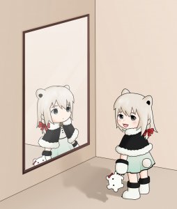 Rating: Safe / Score: 1 / Tags: 2girls babytani blush different_reflection full_body fuwatani holding holding_stuffed_toy indoors looking_at_another looking_at_viewer mirror mirror_image multiple_girls open_mouth reflection serious smile stuffed_toy / User: bm