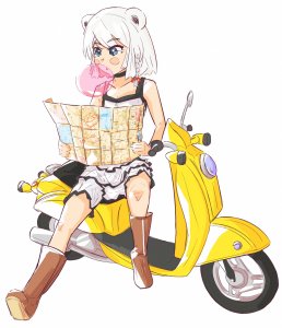 Rating: Safe / Score: 0 / Tags: 1girl beatani blush bubble_blowing bubble_gum ground_vehicle holding holding_map looking_down map motor_vehicle no_jacket on_motorcycle scooter sitting white_background / User: bm