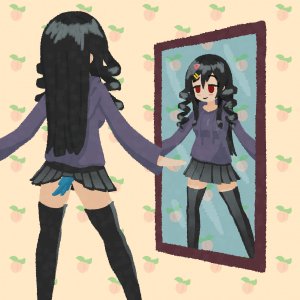 Rating: Safe / Score: 0 / Tags: 1girl arms_at_sides blush cosplay drill_hair feet_out_of_frame looking_at_mirror miniskirt mirror mirror_image momo peach raised_eyebrow risuna skirt smile tail thighhighs twin_drills / User: bm