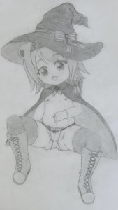 Rating: Explicit / Score: 1 / Tags: 1girl :3 babytani bandaid bandaid_on_leg blush boots bow_panties brooch cape collared_cape cosplay flat_chest full_body gloves hairband hat hat_ribbon jewelry little_witch_nobeta loli navel nipples nobeta open_mouth panties paper_(medium) ribbon sitting smile spread_legs stomach string_panties thighhighs witch_hat / User: bm