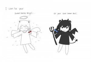 Rating: Safe / Score: 0 / Tags: angel angel_wings beatani chihiro closed_eyes devil devil_tail evil_smile facing_viewer halo holding looking_at_viewer meme smile sweet_honey_angel tail trident wings / User: bm
