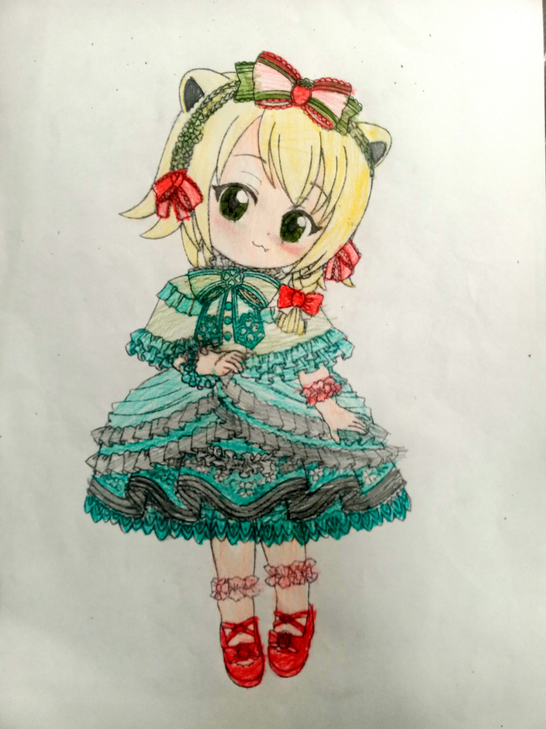 1girl :3 alternate_costume babytani blush bow clover colored dress full_body gloves hair_bow hairband head_tilt lolita_fashion looking_at_viewer mary_janes paper_(medium) petticoat shoes smile