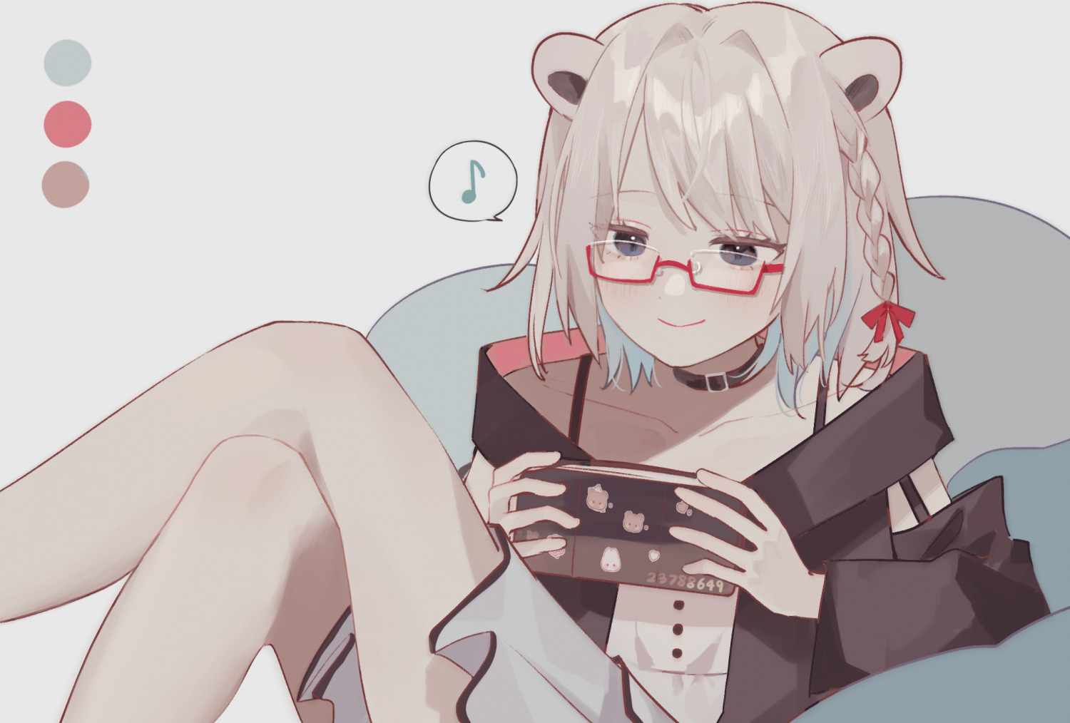 1girl beatani crossed_legs glasses half-closed_eyes handheld_game_console holding holding_handheld_game_console musical_note sitting smile solo