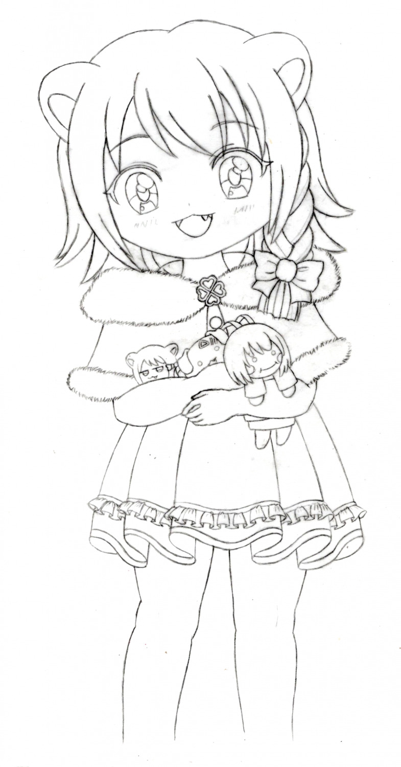 1girl babytani beatang blush feet_out_of_frame holding holding_stuffed_toy lineart looking_at_viewer momo open_mouth paper_(medium) risuna smile standing stuffed_toy
