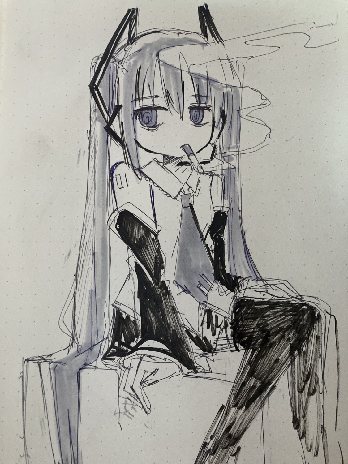 beatani_(artist) hatsune_miku paper_(medium) smoking