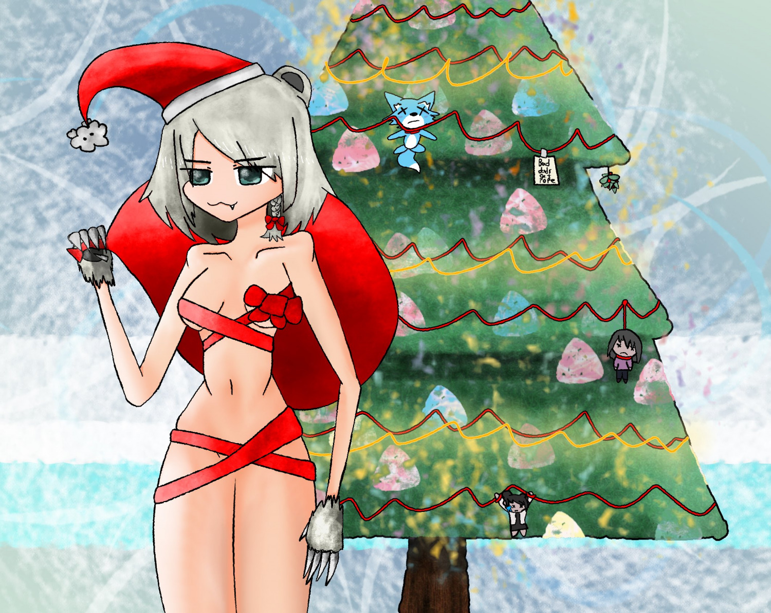 bear_paws beatani chihiro chirstmas_tree christmas hanging naked remote_kid risuna santa_hat