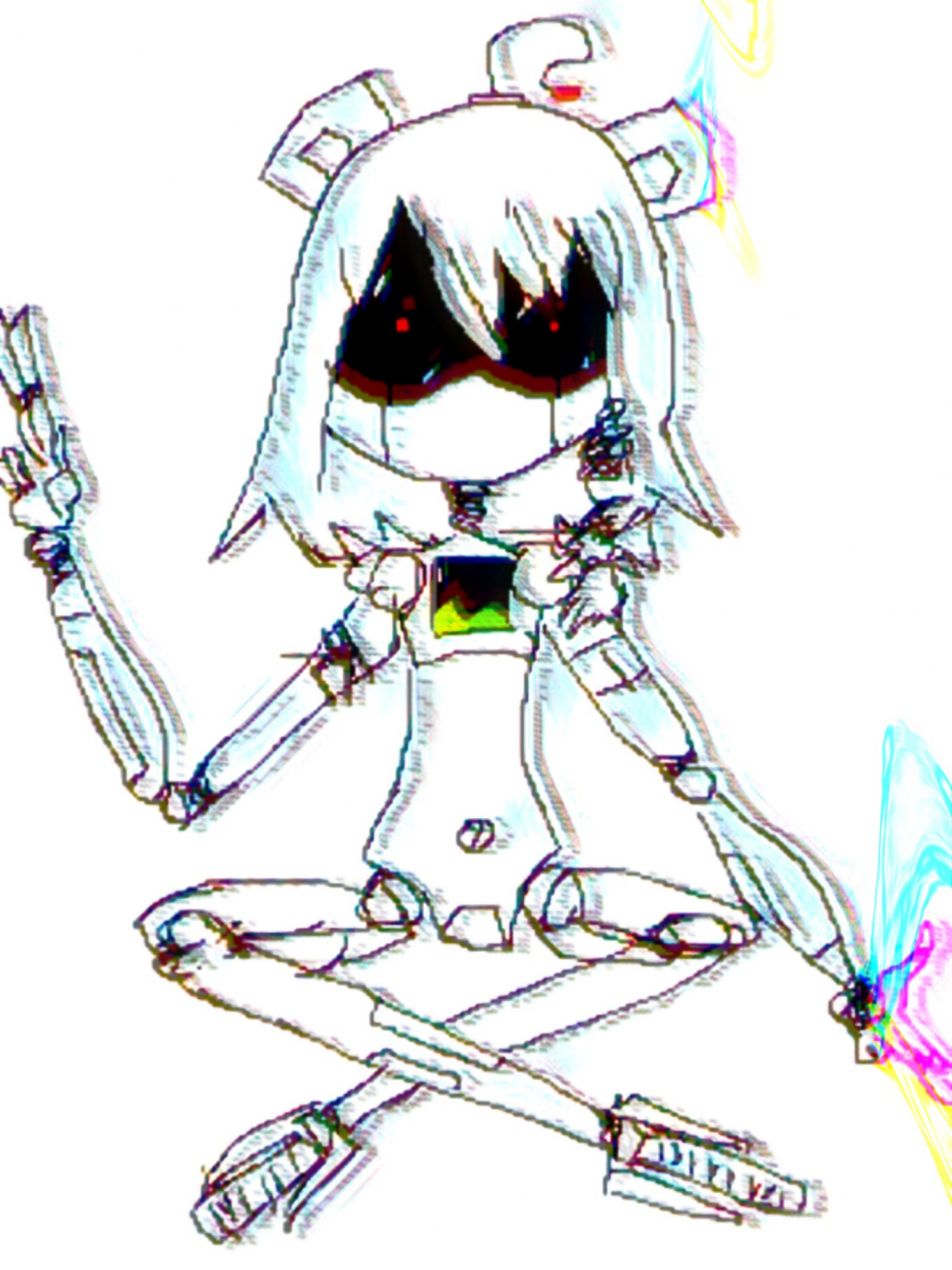 1girl agura antenna arm_at_side arm_up beatani crossed_ankles full_body humanoid_robot joints looking_at_viewer pointing pointing_up pose red_eyes robot robotani screen sitting terminal xp_hill