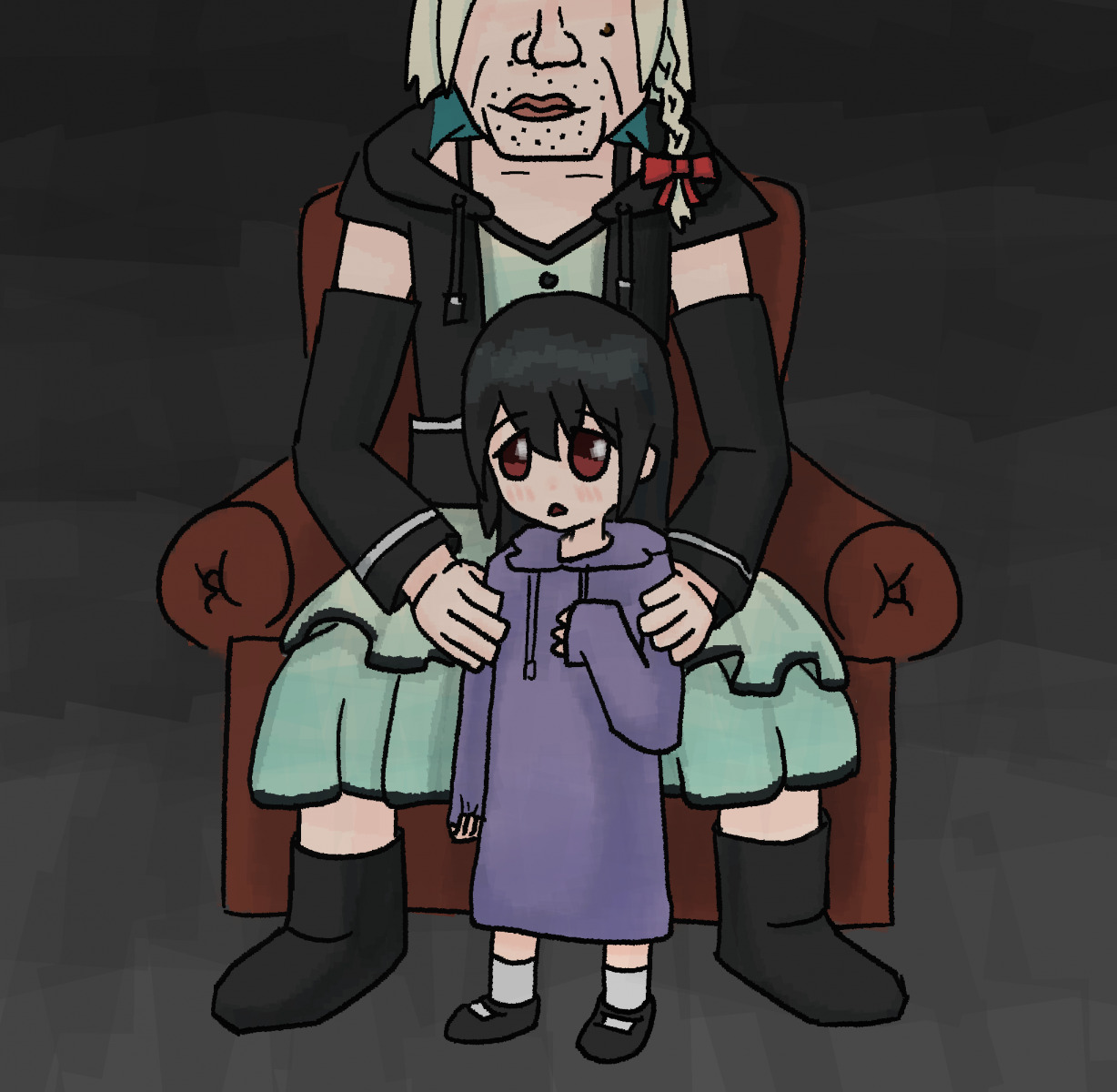 1boy 1girl armchair beatani blush chair crossdressing facial_hair facing_viewer hand_up hands_on_another's_shoulders head_out_of_frame loli nervous ojisan oversized_clothes risuna sitting standing stubble wart