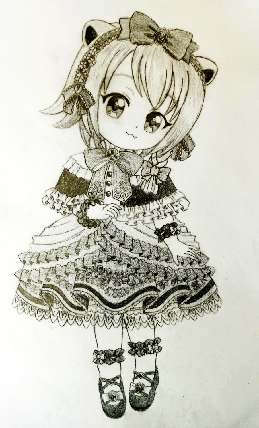 1girl :3 alternate_costume babytani bow clover dress full_body gloves hair_bow hairband head_tilt lolita_fashion looking_at_viewer mary_janes paper_(medium) petticoat shoes smile