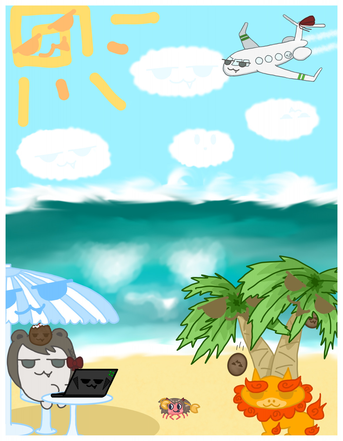 airplane beach beatang clouds clover coconut kanikong laptop palm_tree sea sun umbrella who_is_you