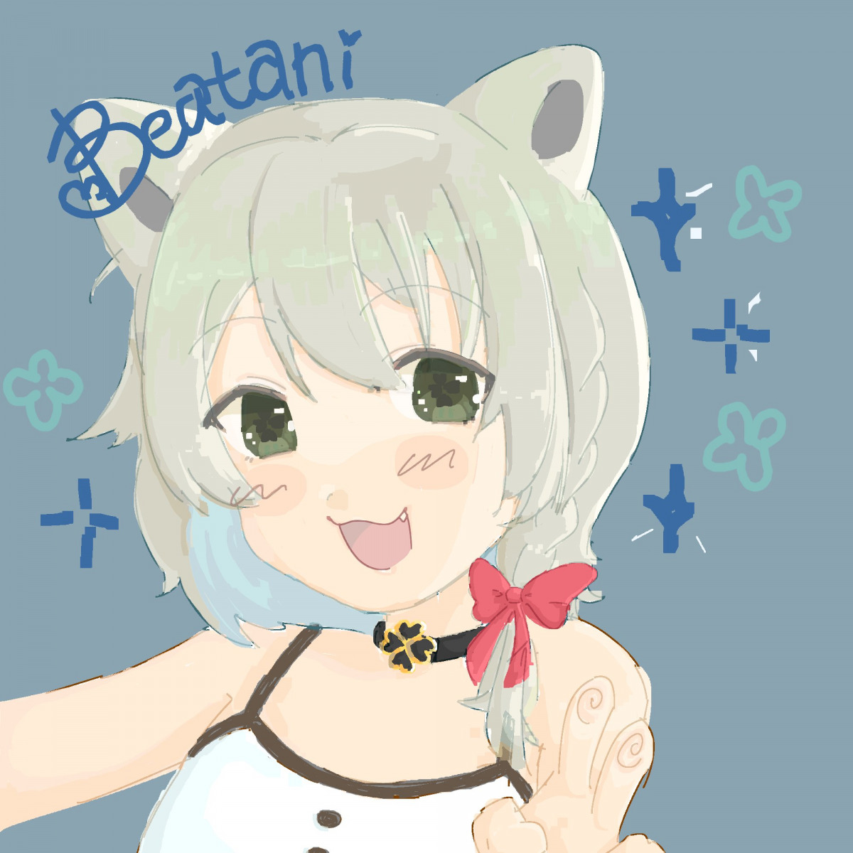 1girl :d beatani blush clover looking_at_viewer no_jacket outstretched_arm peace_sign smile sparkle upper_body v