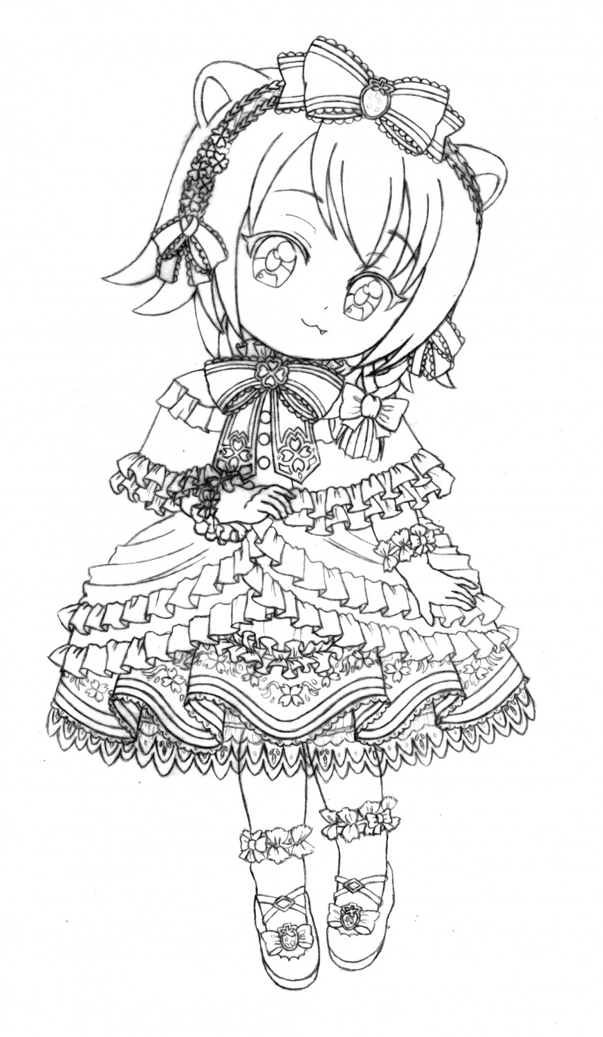 1girl :3 alternate_costume babytani bow clover dress full_body gloves hair_bow hairband head_tilt lineart lolita_fashion looking_at_viewer mary_janes paper_(medium) petticoat shoes smile
