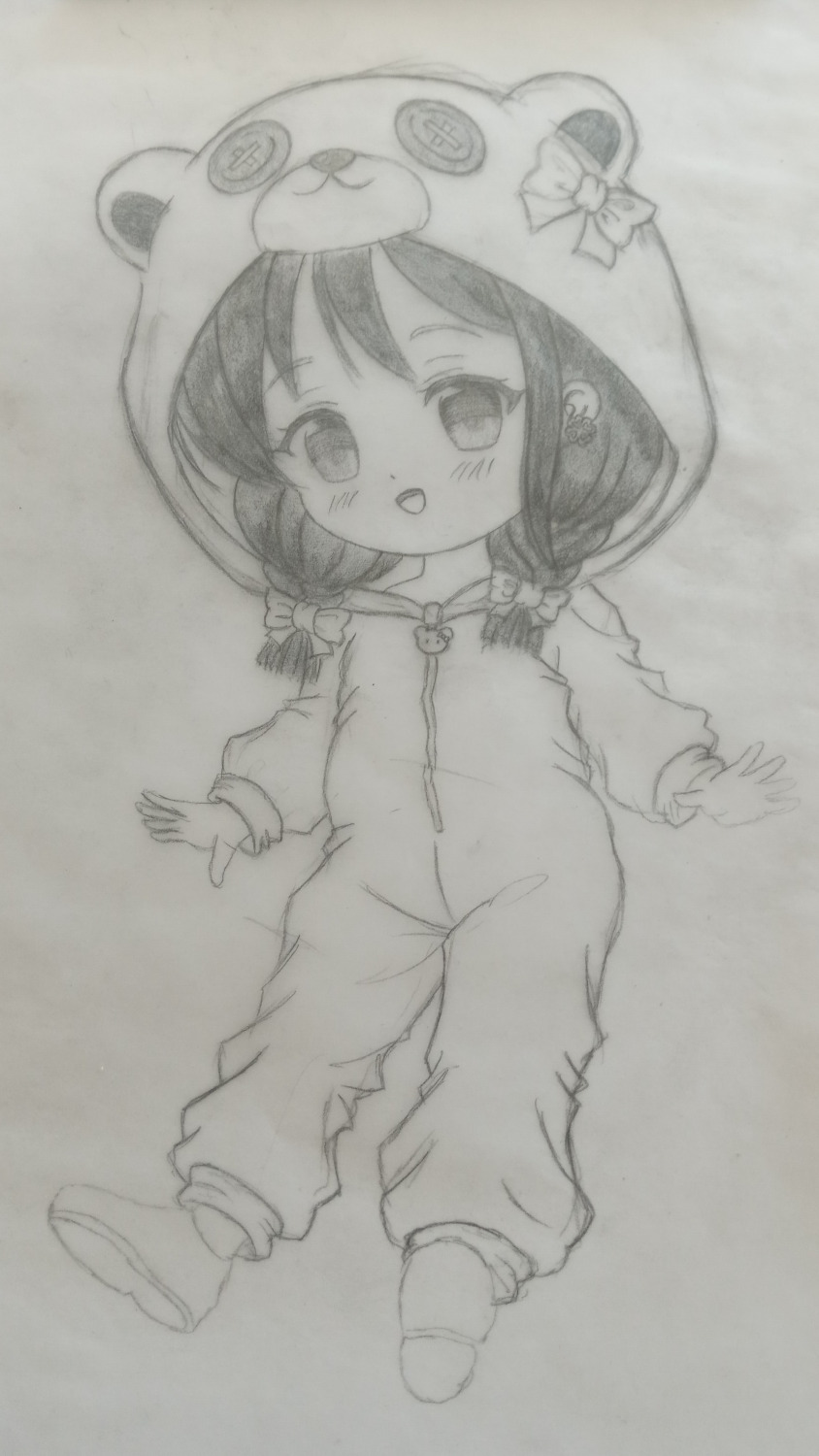 animal_ears arms_at_sides baby bear bear_ears blush braid button_eyes clover earrings full_body fuwatani hair_bow jewelry listener looking_at_viewer open_mouth paper_(medium) risuna smile twin_braids wip