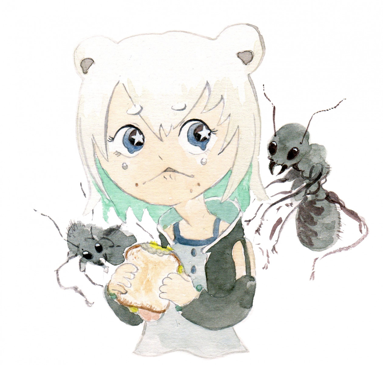 1girl ant beatani crying eating food holding holding_food insect looking_to_the_side paper_(medium) sandwich tearing_up tears upper_body watercolor_(medium)