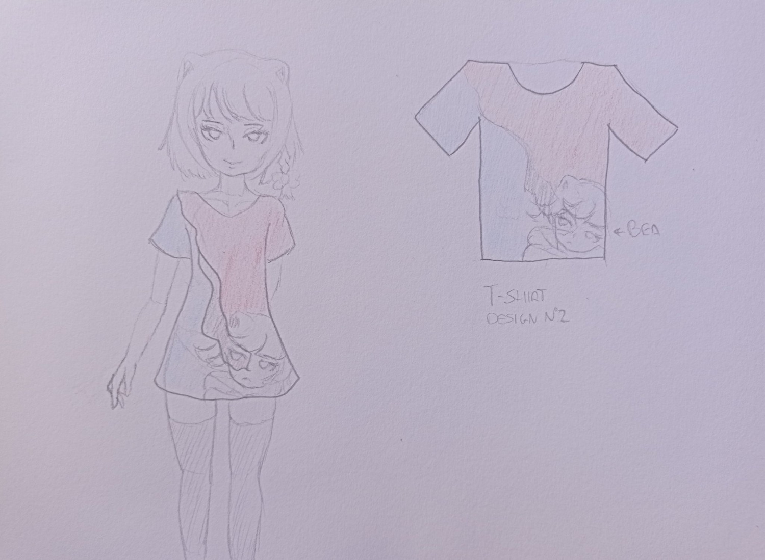 1girl arm_behind_back beatani feet_out_of_frame multicolored_shirt paper_(medium) shirt t-shirt thighhighs