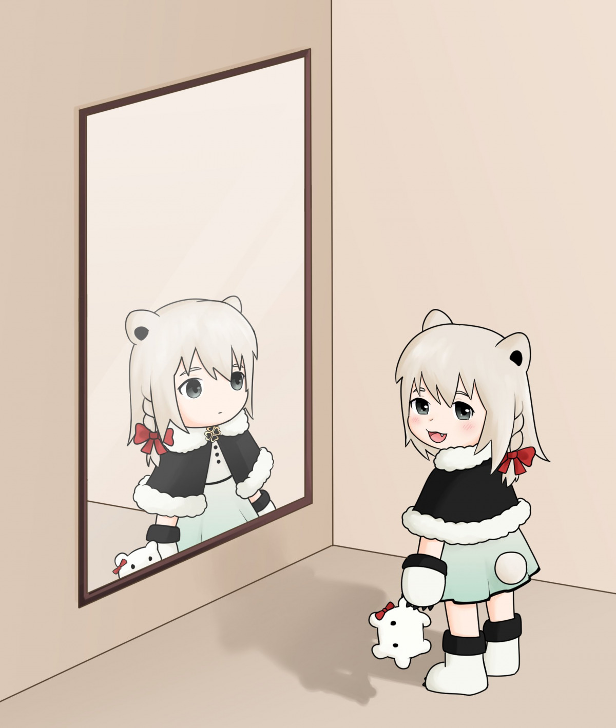 2girls babytani blush different_reflection full_body fuwatani holding holding_stuffed_toy indoors looking_at_another looking_at_viewer mirror mirror_image multiple_girls open_mouth reflection serious smile stuffed_toy