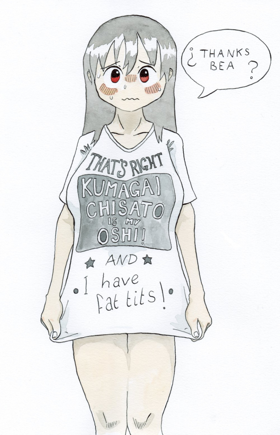 embarrassed fat_tits listener paper_(medium) risuna shirt thighs