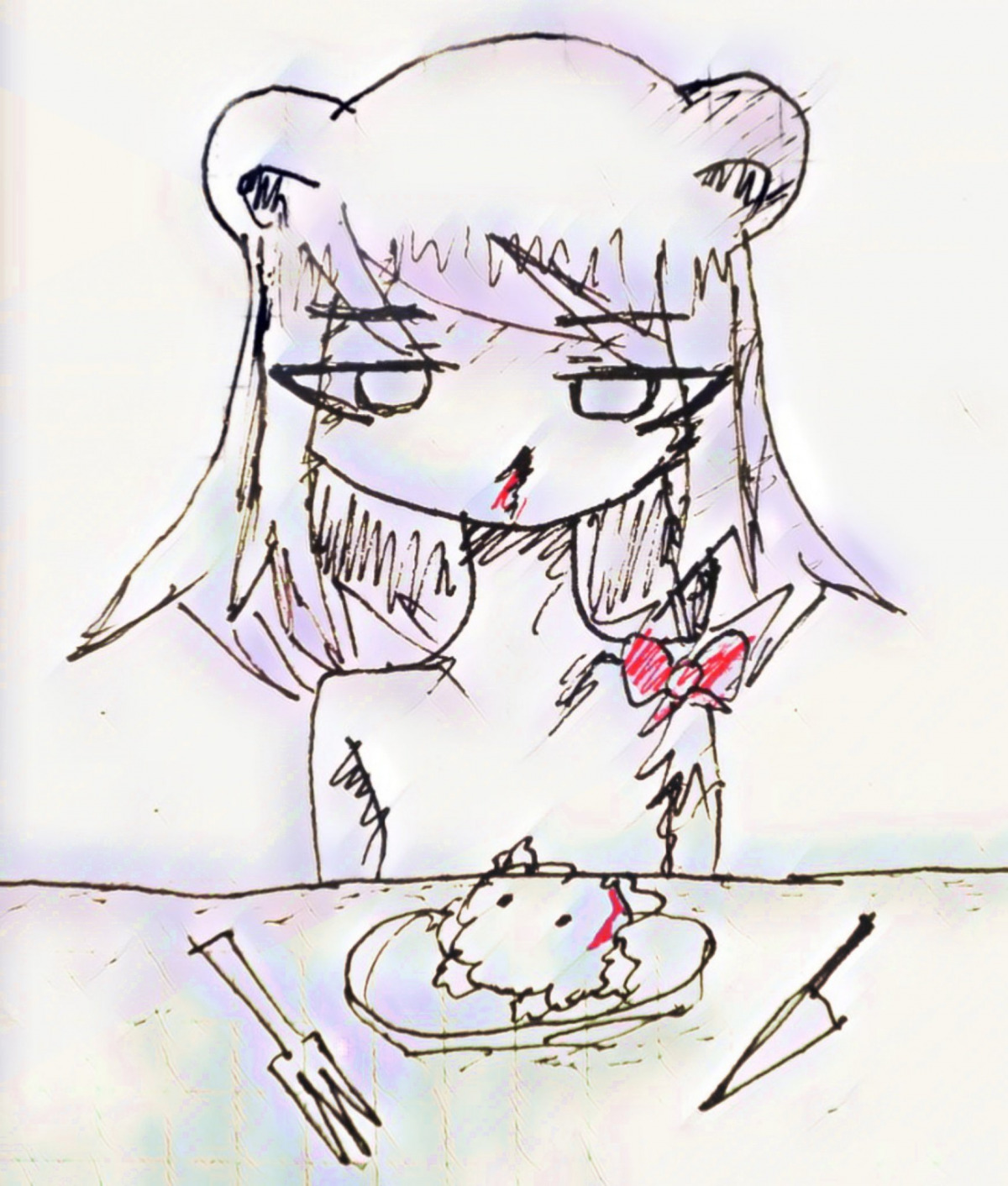 2girls bare_shoulders beatani eating fork fuwatani half-closed_eyes knife looking_at_another multiple_girls plate table upper_body