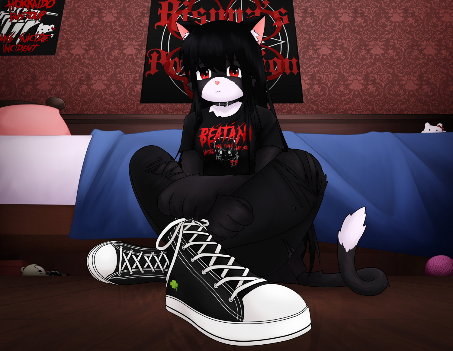 beatani bed bedroom black_choker black_footwear black_pants black_shirt choker clothes_writing clover crossed_ankles denim foreshortening furry fuwatani hand_between_legs indoors jeans kemono listener looking_at_viewer on_floor pants perspective pillow plushie poster_(object) punk risuna shirt shoes sitting sneakers t-shirt torn_clothes torn_jeans torn_pants wallpaper_(object) yarn yarn_ball