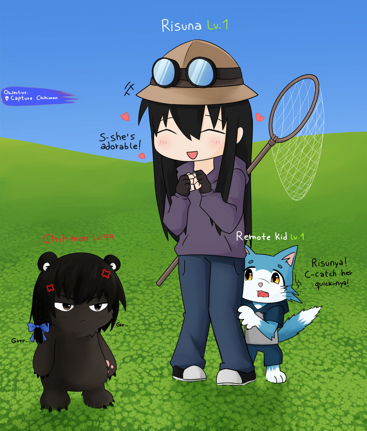 1boy 2girls :d ^^ anger_vein angry blush chihiro facing_another fingerless_gloves full_body gameplay_mechanics goggles goggles_on_headwear hand_net hands_up happy hat heads-up_display heart jitome kemono listener looking_at_another own_hands_together pokemon remote_kid risuna standing trembling v-shaped_eyebrows worried xp_hill