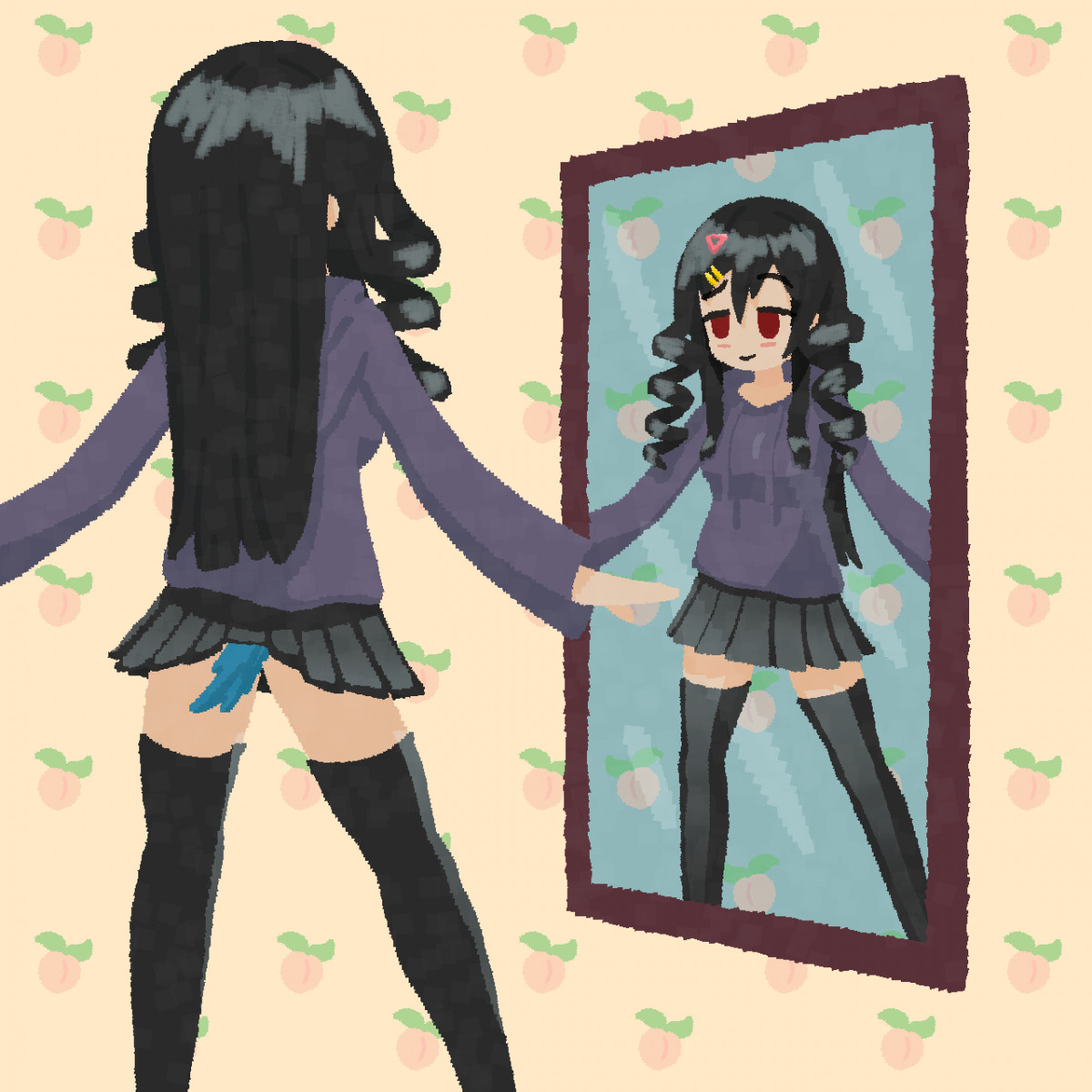 1girl arms_at_sides blush cosplay drill_hair feet_out_of_frame looking_at_mirror miniskirt mirror mirror_image momo peach raised_eyebrow risuna skirt smile tail thighhighs twin_drills