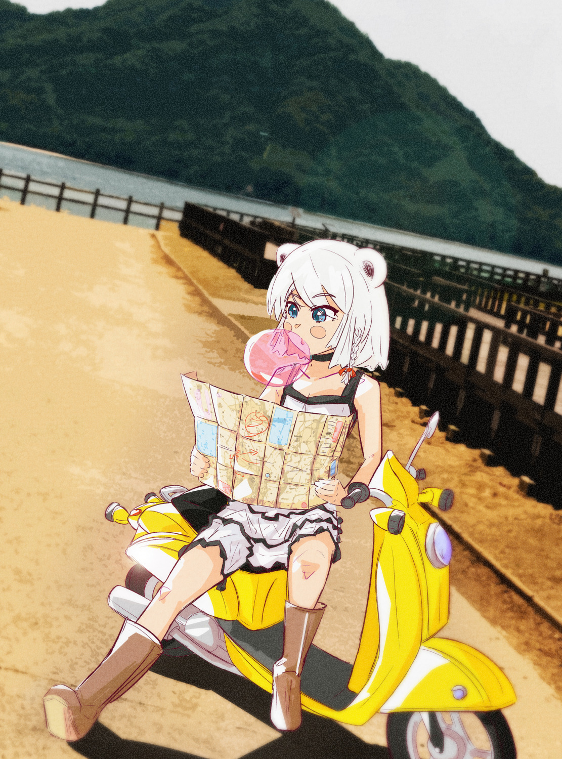 1girl beatani blush bubble_blowing bubble_gum depth_of_field dutch_angle ground_vehicle holding holding_map looking_down map motor_vehicle no_jacket on_motorcycle photo_background scooter sitting vtuber white_background