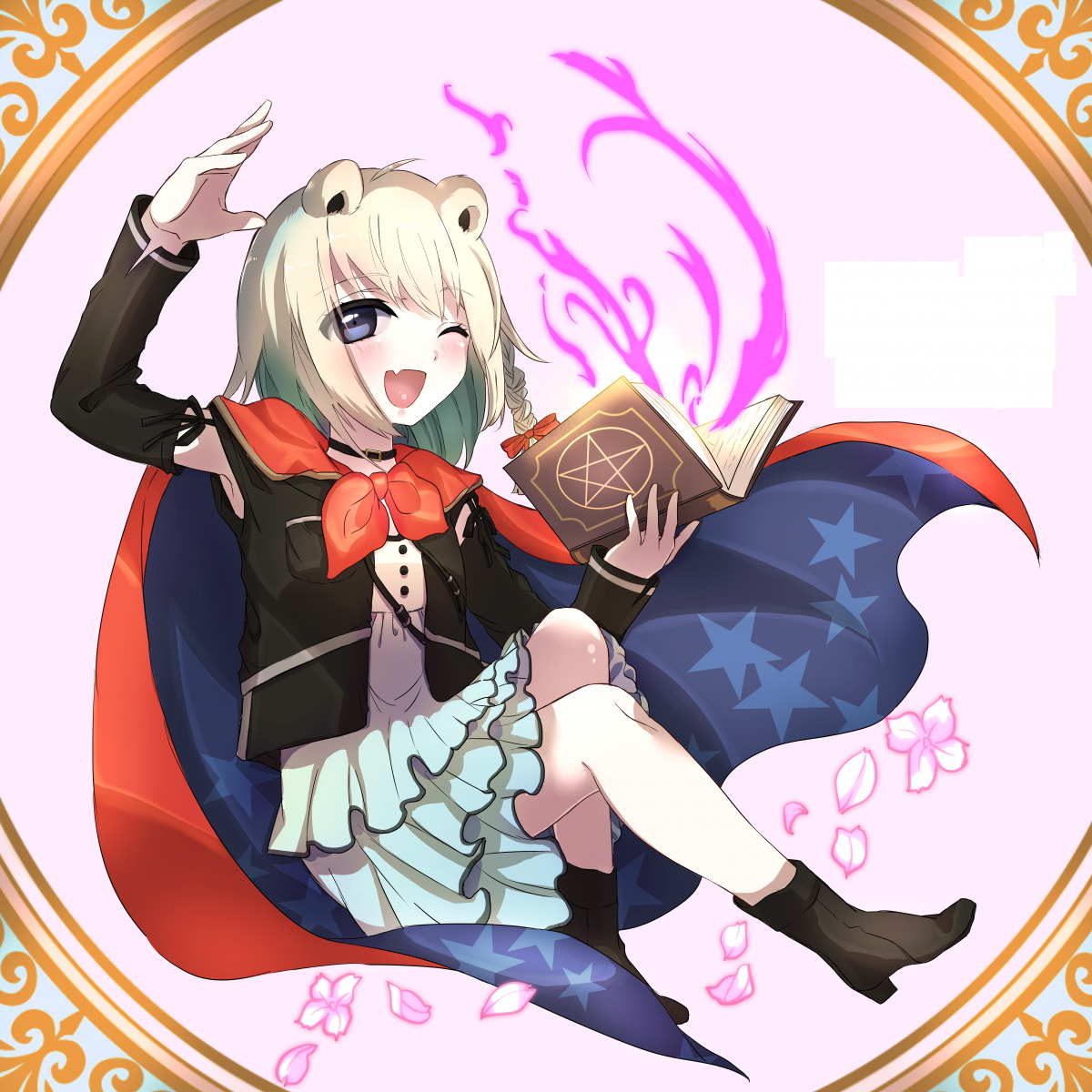1girl ;d beatani book cape casting_spell commission fang flower grimoire holding holding_book kumage mage magic magician one_eye_closed open_book open_mouth petals red_cape skeb skin_fang smile star_(symbol)