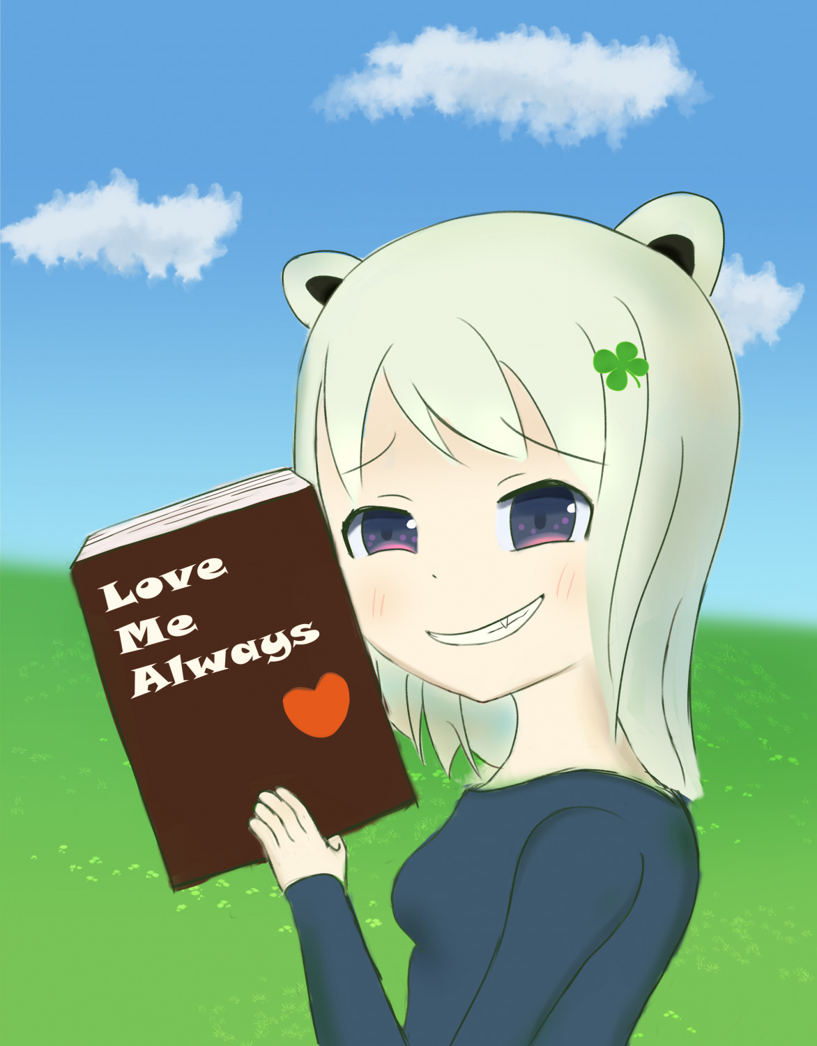 1girl beatani blush book cloud clover heart holding holding_book looking_at_viewer outside sky smile teeth upper_body
